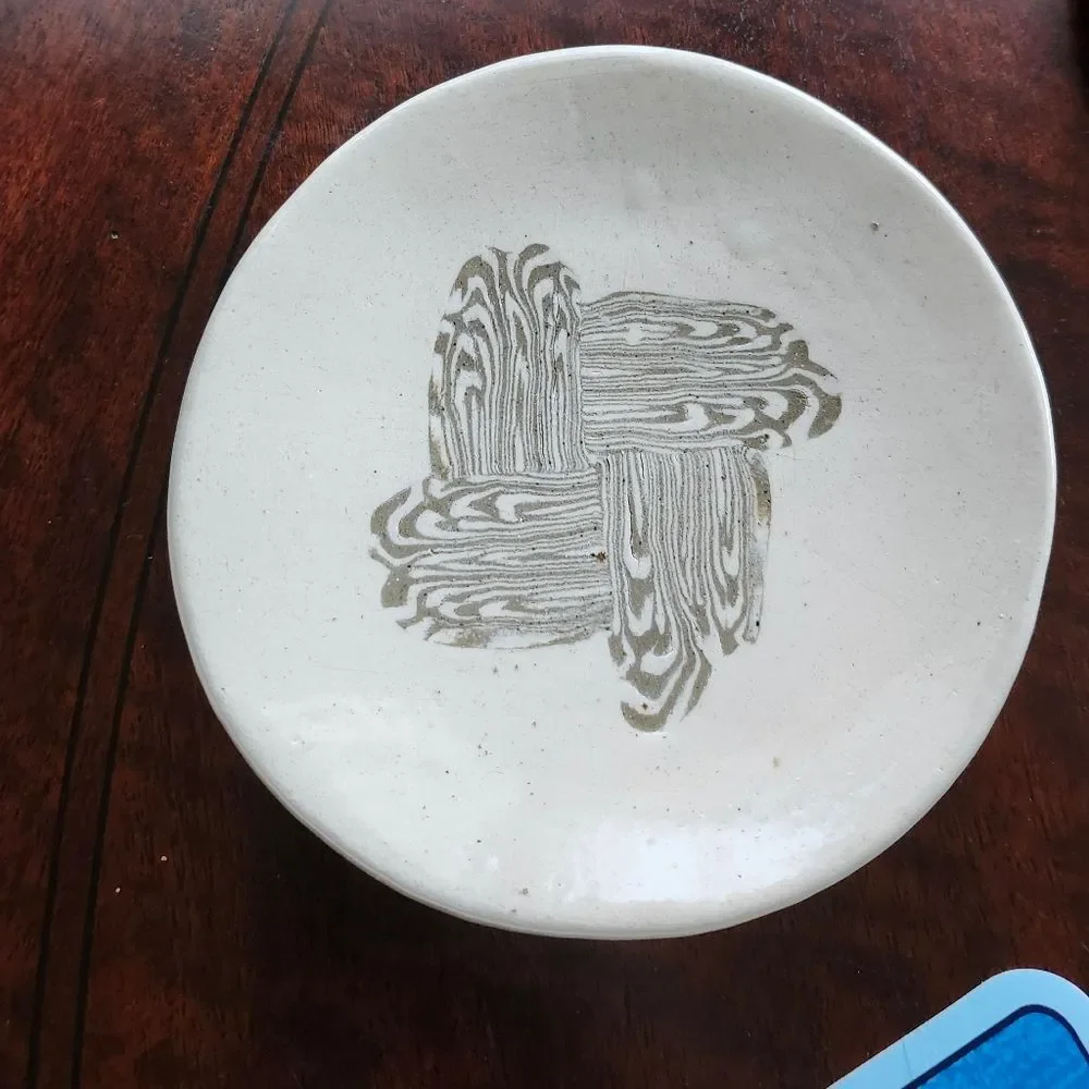 Handmade Cream Brown Abstract Artsy Small Ceramic Glazed Plate Linda
